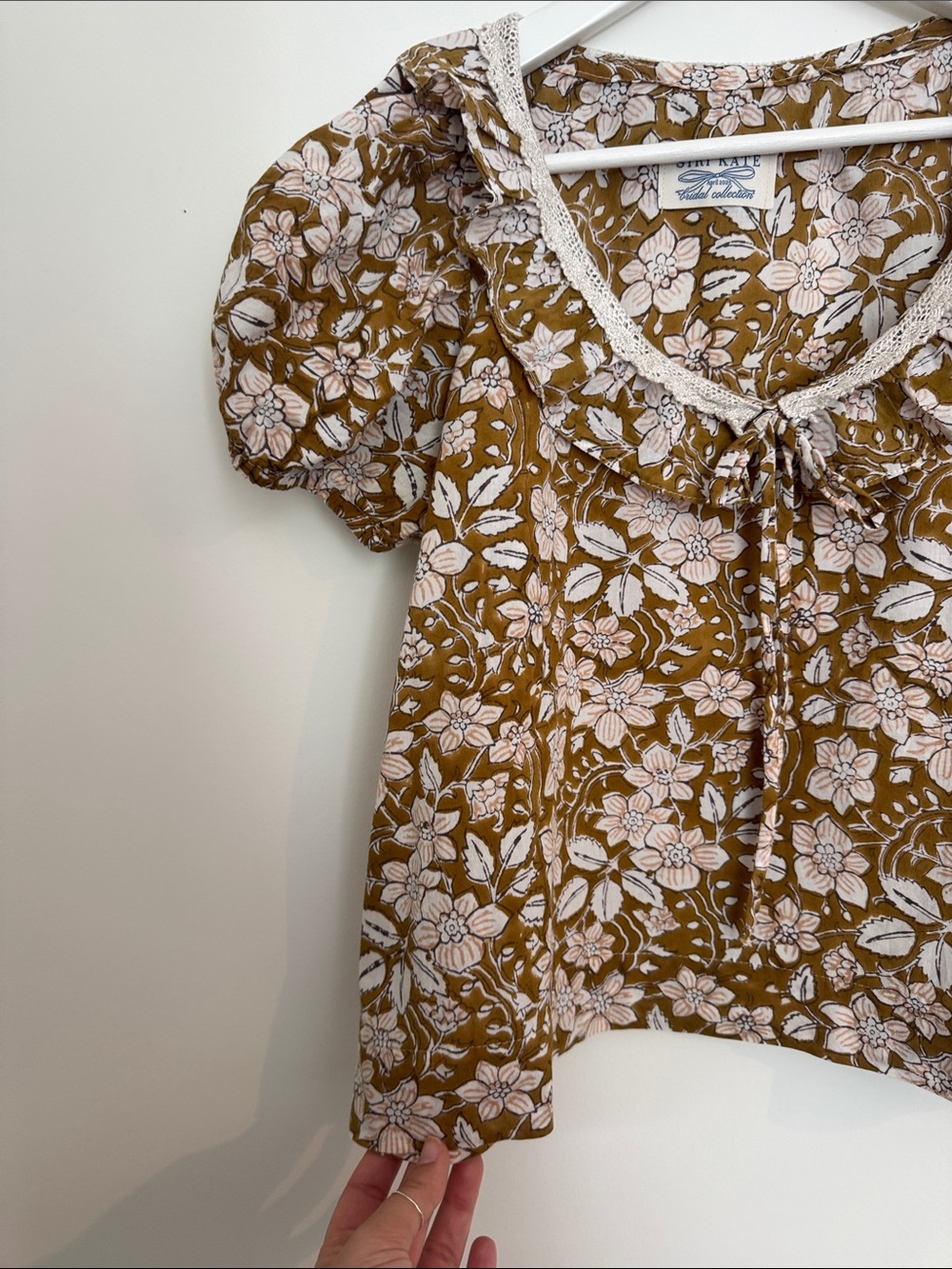 OOAK Mustard Floral Puff-Sleeve Cotton Blouse - Picture 4 of 5